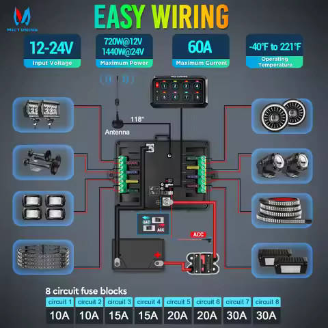 MICTUNING P1Y Switch Panel with Wireless Remote Control, 8 Gang Circuit Box RGB Colors Toggle Switch