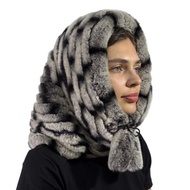 女士兔毛連帽帽 冬季真毛皮草連帽 奢華皮草圍巾帽