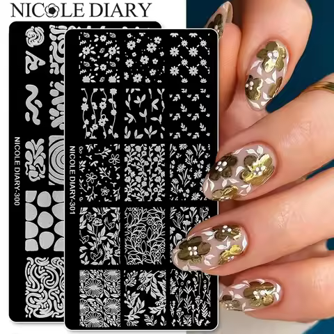 NICOLE DIARY Floral Leaves Nail Stamping Plates Image Transfer Template Geometric Flower Stainless S