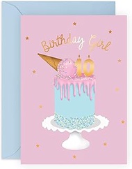 Tenth Birthday Card for Girls - Happy 10th Birthday - Age 10 - Ten Year Old - Pink Ice Cream Cake Gr