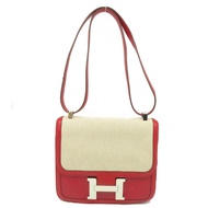 HERMES Toile H帆布/Swift皮革Constance 24 Shoulder Bag銀扣肩背袋紅色