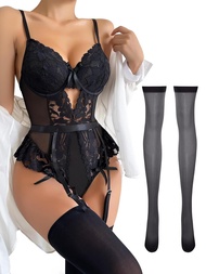 Lilosy Sexy Stocking Underwire Lace Mesh Bodysuit Garter Lingerie Set 3 Piece