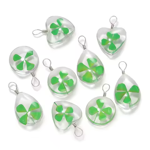 5pcs Green Lucky Four Leaf Clover Pendant Handmade Glass Dry Flower Four Leaf Clover Ornament DIY Ne