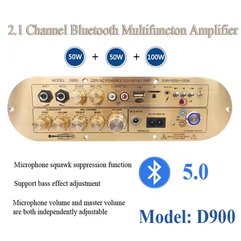Audio Amplifier Board D900 TPA3116 Channel 2.1 Bluetooth5.0 USB Reverb Adjustment 50W+50W+100W Power