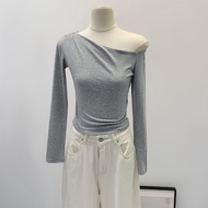 91495 Lyocell Fiber Solid Color Slanted Shoulder Long Sleeve T-Shirt Women