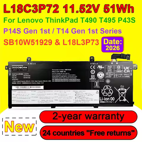 L18C3P72 Laptop Battery For Lenovo ThinkPad T490 T495 P43S,P14S T14 Gen 1st Series SB10W51929 5B10W8