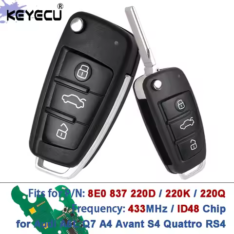 KEYECU 433MHz ID48 Chip 8E0 837 220 Q / 8E0 837 220 K / D Flip Remote Key Fob for Audi A6L Q7 A4 Ava