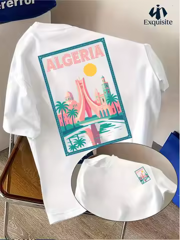 Casual vacation clothes! Men's fashion T-shirt with "ALGERIA" printed round-neck T-shirt fashion sho