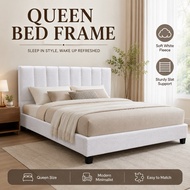 LUXE: Faye Queen Bed Frame | Katil Queen | Fabric White Fleece Modern Bed Frame