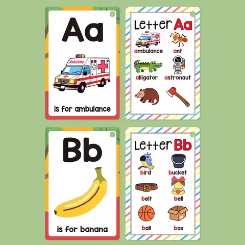 26 English Alphabet A-Z Cards 156 Words Children's Early Education Flashcards Learning Colors Animal