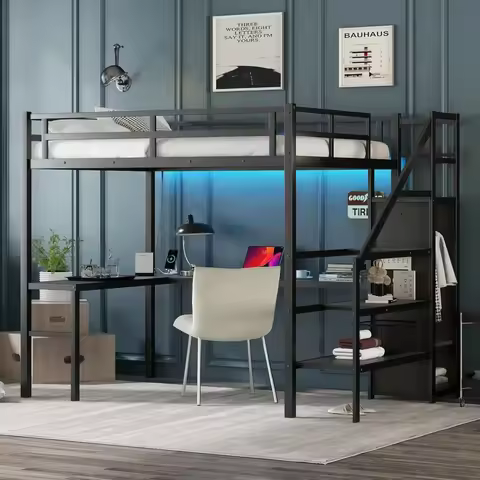Full Size Metal Loft Bed with Desk and Wardrobe,Heavy Duty Loft Bed Frame with Storage Stairs,LED Lo