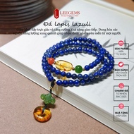 Lapis stone bracelet, wrapped in 3 rings, mixed amber charm, bead size 5mm, for Water element