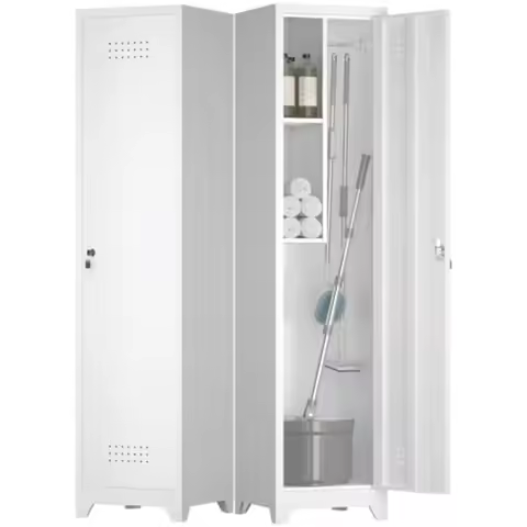 Slim Broom Closet Storage Cabinet, 65" H Metal Cabinets with Lock and Shelves & S-Hooks, Utility Clo