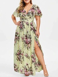 Vestido largo extra talla grande plus con estampado floral en v moda para mujer vestido elegante playa falda casual