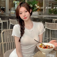 Korean Lace Stitching Bow Knit Short-Sleeved Women Summer Sweet Spicy All-Match Short T-Shirt Casual Fashion All-Match Short-Sleeved