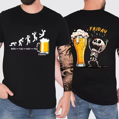Funny Men's T Shirt Skeleton Enjoying FRIDAY Beer Day T-Shirt Finally Friday for Drink Lover Male Cl
