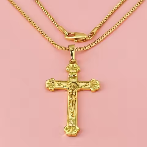 Unisex 24K Gold (AU999) Cross Necklace Gold inlaid cross core, hammered texture with adjustable gold