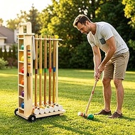 6 Player Croquet Set for Adults with Wooden Stand - 33.9 Inch Professional Outdoor Lawn Game Include