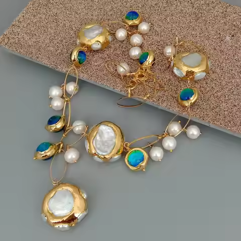 YYGEM hot sale ! Blue Murano Glass 10-11mm Freshwater Cultured 27mm White Keshi Pearl Gold Filled Ch