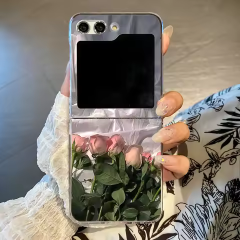 Pink Flowers Print Phone Case For Samsung Galaxy Z Flip7 FE Flip5 Flip6 Clear Folding Hard Cover For