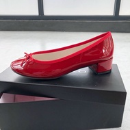 รองเท้าแตะหนังสไตล์ Repetto สำหรับผู้หญิง พื้นยาง หัวเข็มขัด ทรงปากตื้น ส้นกลาง รองเท้าทำงาน รองเท้า