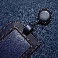 天然牛皮革橫直式兩用證件套+夾式鋼絲線伸縮扣_深藍色