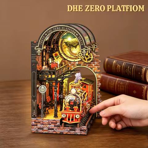 DIY 3D Wooden Book Stand Train With Lights Zero-point Platform Assembly Model House Handmade Book Pu