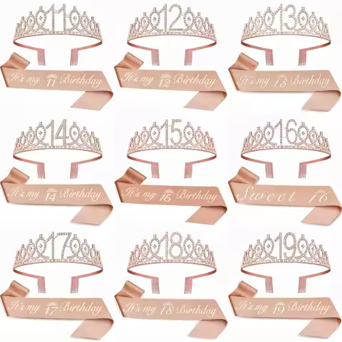 Birthday Tiara Crown Sash Women Girls 11th 12th 13th 14st 15th 16th 17th 18th 19th 20th Birthday Par