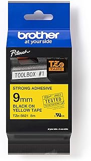 Brother TZe-S621 Labelling Tape Cassette, Black on Yellow, 9mm (W) x 8M (L), Strong Adhesive, Brothe