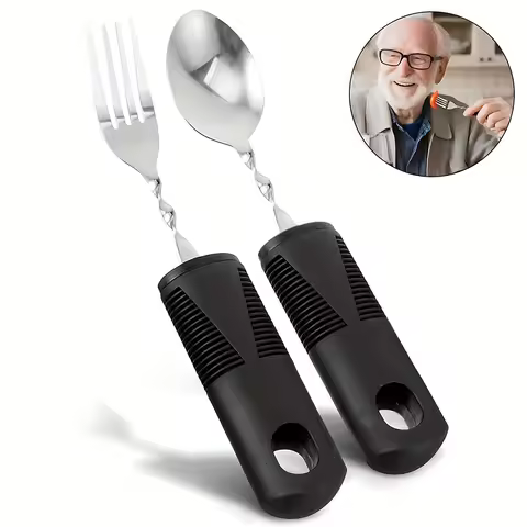2Pcs Adaptive Utensils Set, Weighted Utensils for Hand Tremors, Easy Grip Silverware, Joint Aid Silv