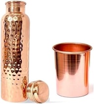 Pure Copper 1000 ML Water Bottle with 1 Copper Glass Drinkware Set