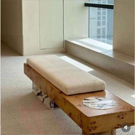 Luxury Burl Wood Bench with Marble Inlay & Upholstered Cushion, Modern Long Entryway Stool for Hallw