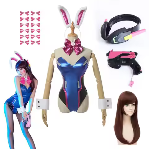 Game Dva Cosplay Costumes Bodysuit Wig Headphone Gun Woman PU Leather Bunny Girl Jumpsuit Zentai Sui