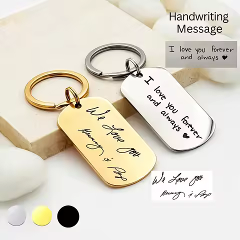Custom Real Handwriting Engraved Dog Tag Keychain Personalized Handwritten Signature Text Quote Key 