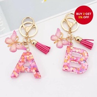 Stylish Pink Alphabet Keychain - Heart Shimmering Butterfly Tassel Crystal Epoxy Pendant for Couples