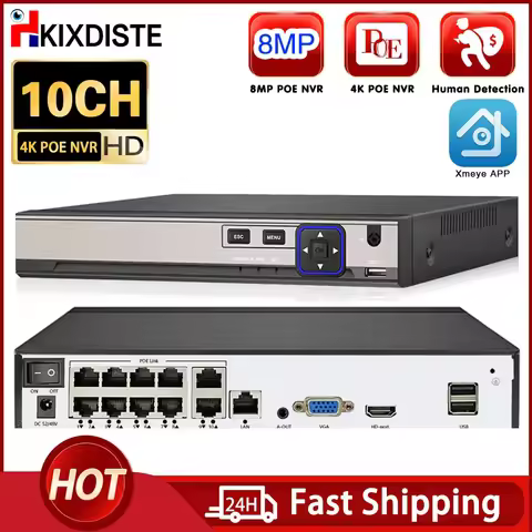10Ch Xmeye POE NVR H.265 4K 10Channel Video Recorder With Face Detect Audio Out Onvif P2P For POE 8M