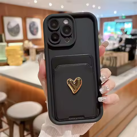 3D Gold Love Heart Wallet Card Bag Phone Case For Samsung Galaxy S24 S23 S22 S21 S20 FE Plus Ultra 5