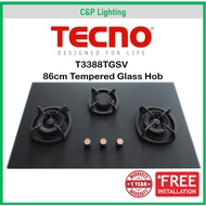 Tecno T3388TGSV (New Color) 3 Burner 86cm Glass Cooker Hob Gas Stove with Inferno Wok Burner Technology