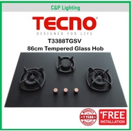 Tecno T3388TGSV (New Color) 3 Burner 86cm Glass Cooker Hob Gas Stove with Inferno Wok Burner Technol