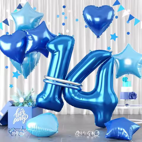 32inch Number 10~21 Balloon Blue Foil Star Heart Shape Balloon with Long Balloon Suitable for Birthd