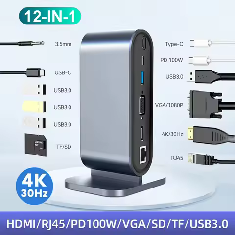 USB C Docking Station PD 100W USB C HUB Type C to HDMI-Compatible Adapter 4K 30Hz VGA RJ45 USB 3.0 H