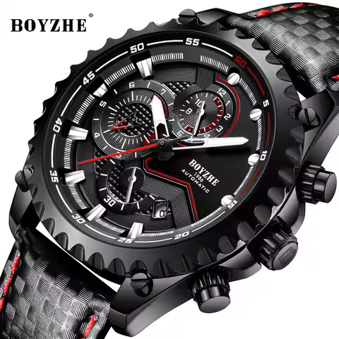 BOYZHE Luxury Brand Men Watches Fashion Automatic Mechanical Watch Leather Strap Waterproof Luminous