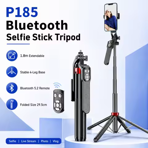 P185 Aluminum Alloy 4-Leg Bluetooth Selfie Stick Tripod, Universal Phone Floor Stand with Wireless R