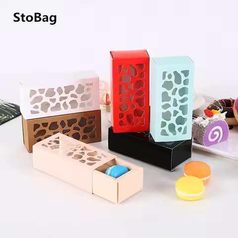 StoBag 10pcs Hollow Macarons Biscuit Box Long / Shortcake Cake Nougat Box Chocolate Paper Gift Box W