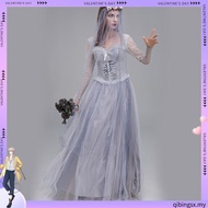 []-Women Halloween Dead Bride Costume Ghost Corpse Bride Corset Dress and Veil Floral Headband Outfi
