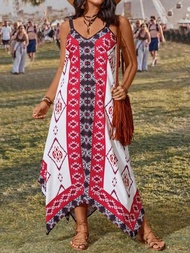 SHEIN VCAY 大尺碼女士波希米亞幾何印花不規則下擺細肩帶長款連衣裙,適用於夏季度假