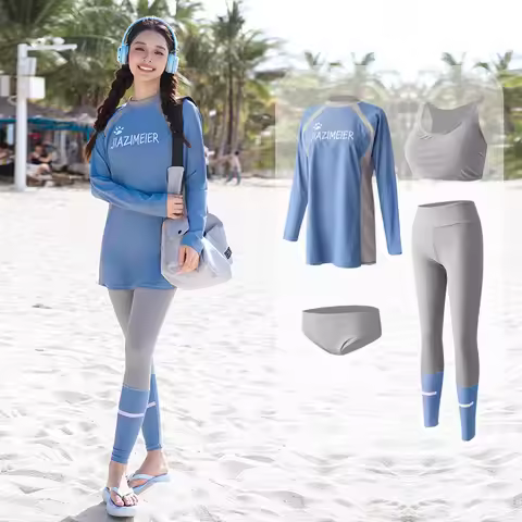 Womens 4pcs/set Rash Guards, Swim Shorts, Long Sleeve Swim Shirt and Leggings, Quick Dry Swimsuits S