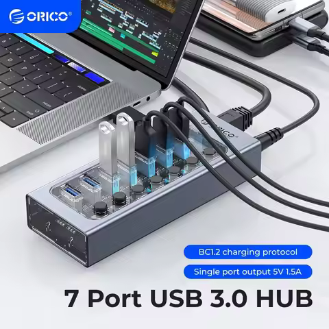 ORICO USB3.0 Hub Aluminum Industrial 7-Port Splitter Split Switch with 12v Power Adapter for Macbook