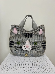 【 限時優惠 】日牌 Rootote 🐱貓咪造型🩶灰色草編手袋｜藤袋
