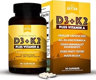 Vitamin D3 + K2 (MK7) Plus Vitamin A for Bone, Heart, Immune Health - Vitamin D3 (5,000 IU), Vitamin